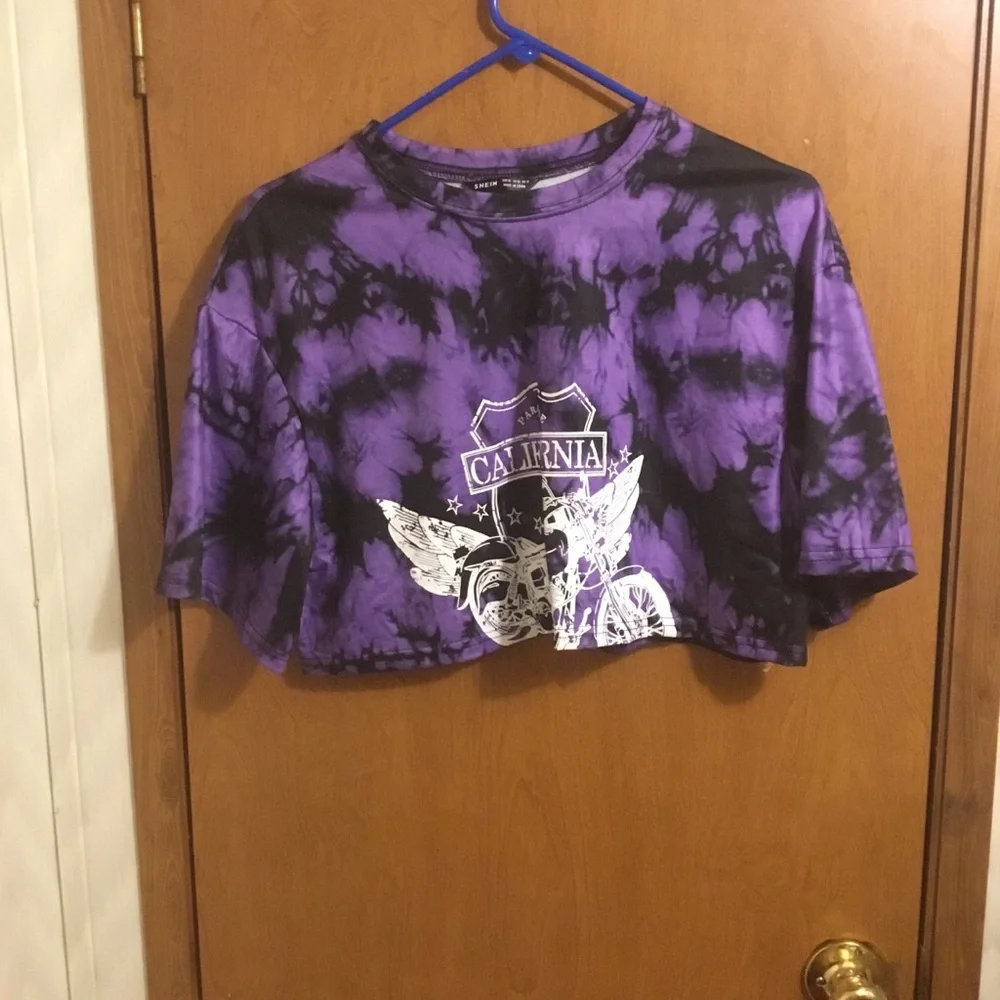 Shein Purple & Black Tie-Dye Cropped Graphic Tee - California Design XL